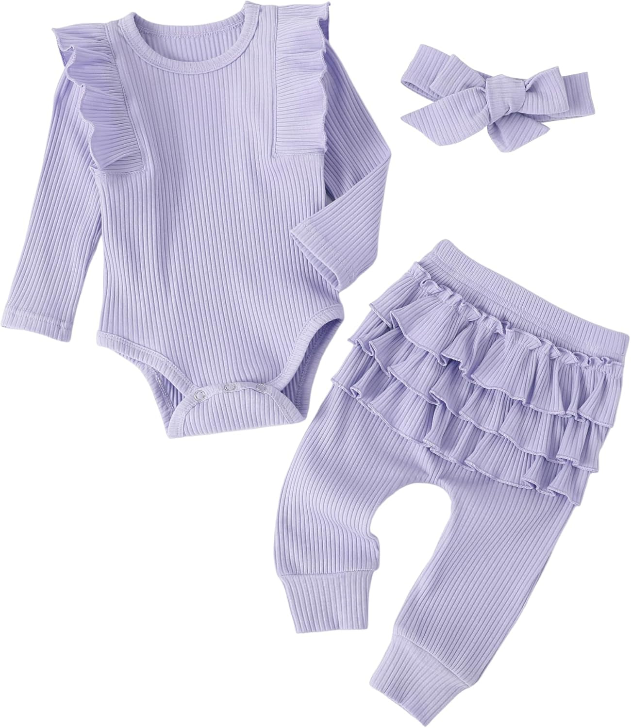 Baby Girl'S 3Pc Rib Frill Long Sleeve Romper and Pant Set