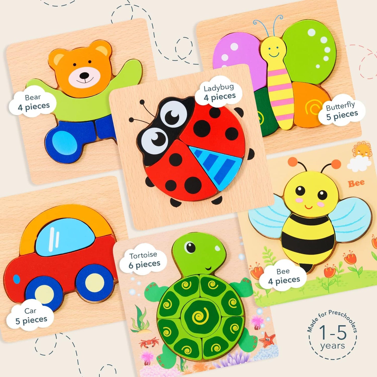 Wooden Puzzles for Toddlers 1-3, Set of 6 Montessori Toys, 1 Year Old Wood Puzzles for Baby Boys Girls, Large Pieces Safe for Kids, Includes Storage Bag and Giftable Box