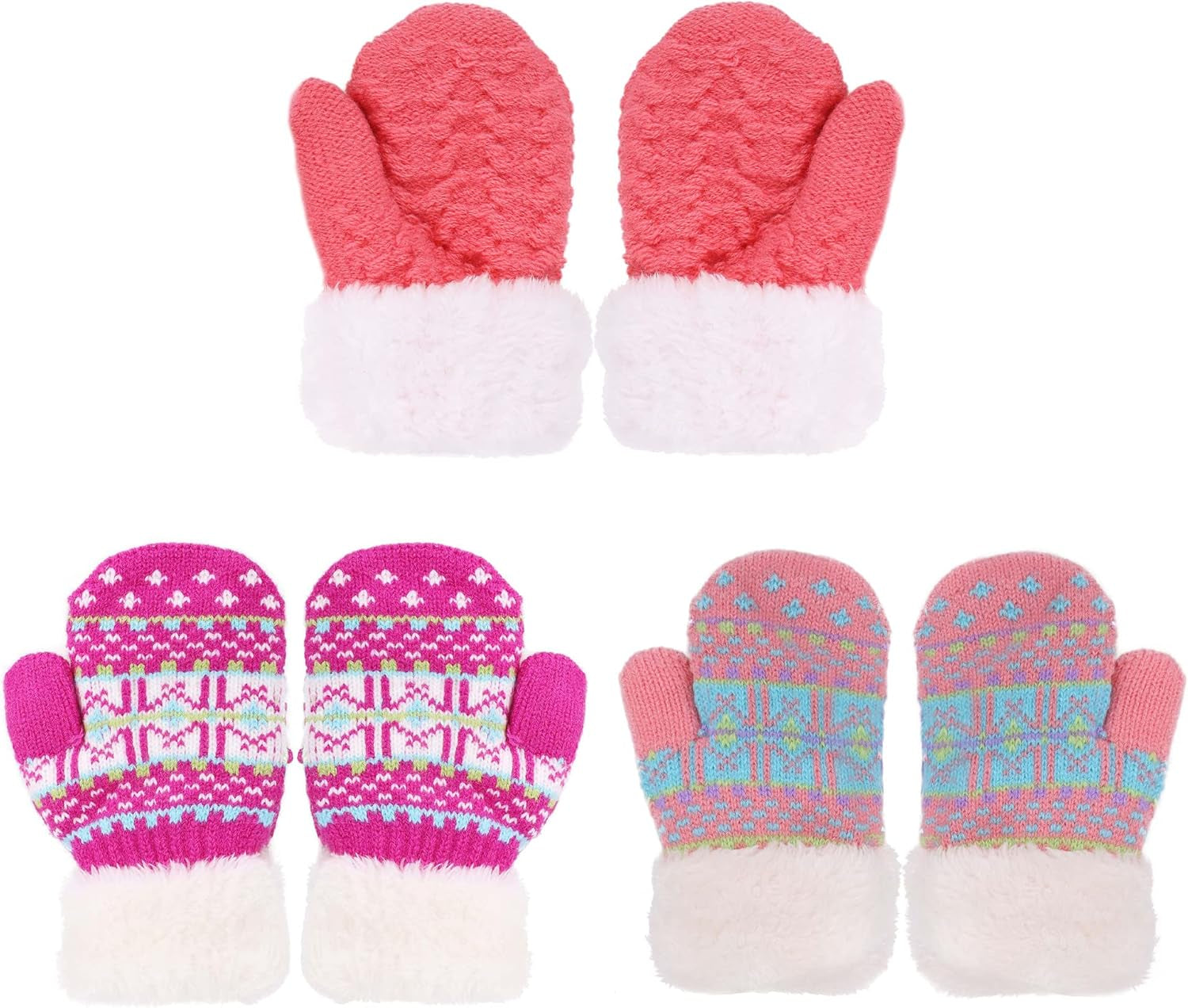 3 Pairs Kids' Sherpa Lined Knit Mittens Boys Girls Winter Gloves