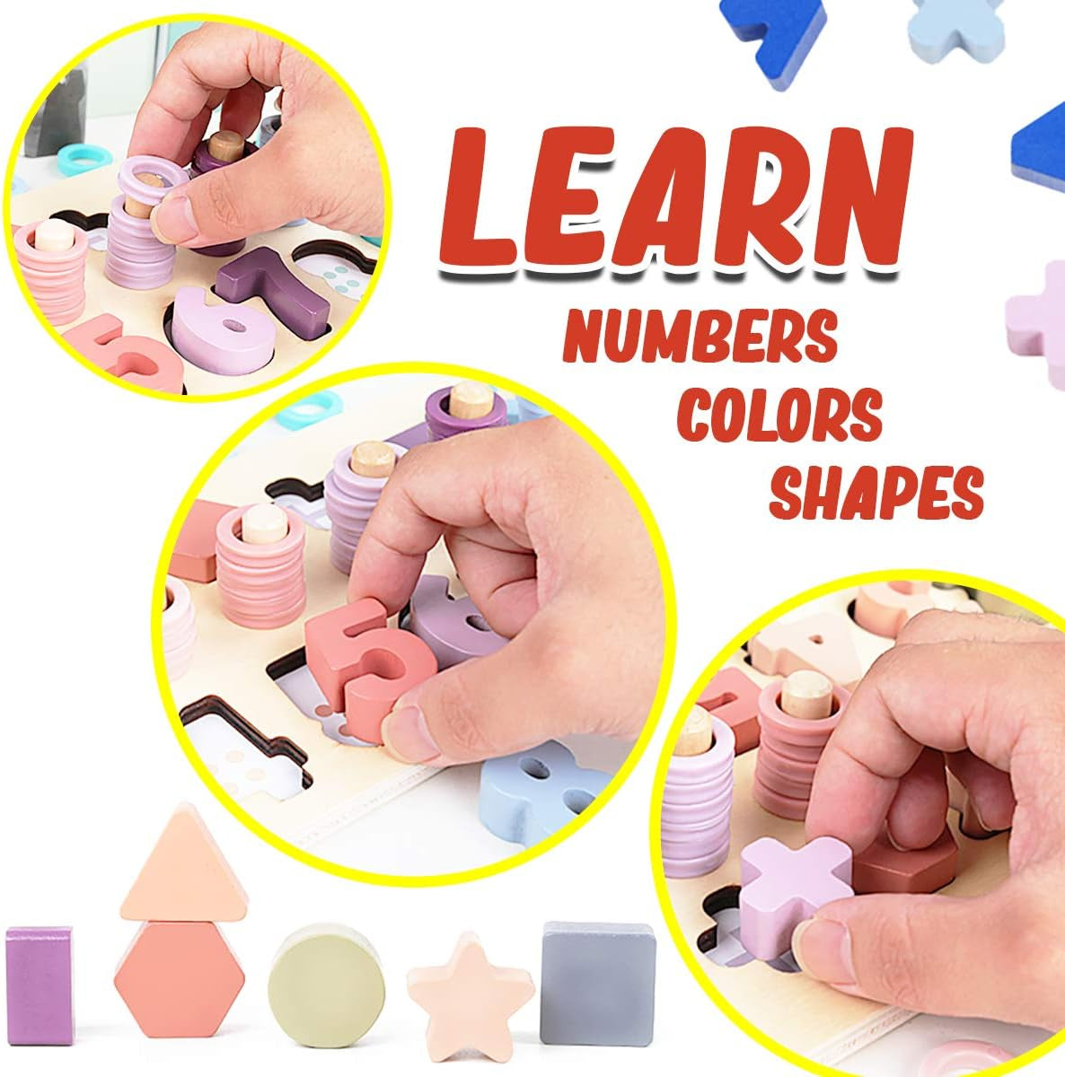 Montessori Educational Wooden Shape & Number Puzzle Blocks - Preschool Learning Toys for Boy & Girl (Macaron)