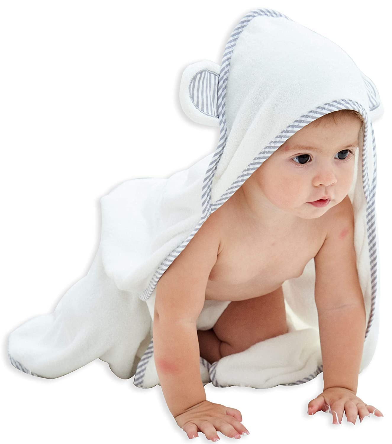 Hooded Towel - Rayon Made from Bamboo, Bath Towel with Bear Ears for Newborn, Babie, Toddler, Infant - Absorbent Large Baby Towel - White, 30 X 30 Inch