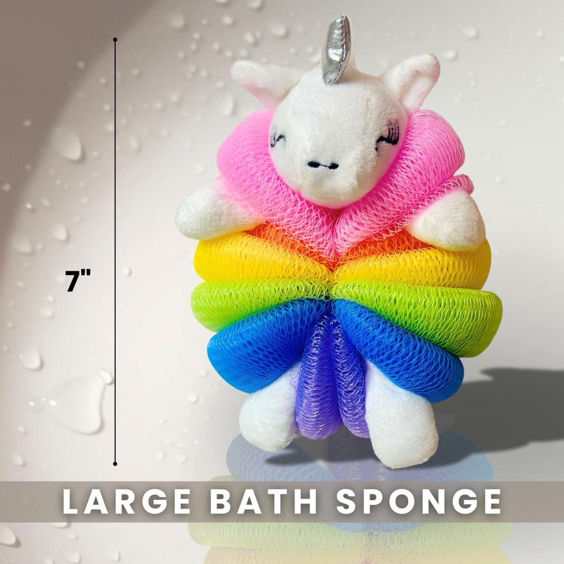 Cute Unicorn Bath Sponge -Colorful Loofah Sponges with Hanging Lanyard, Mesh Pouf Body Scrubber, Gentle Shower Sponges, 3 Pack