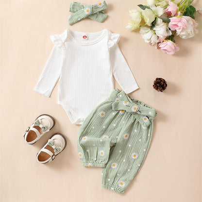 Newborn Infant Girl Clothes Rib Knit Romper Daisy Print Pants Headband Baby Clothes for Girls 0 3 6 12 18 24 Months