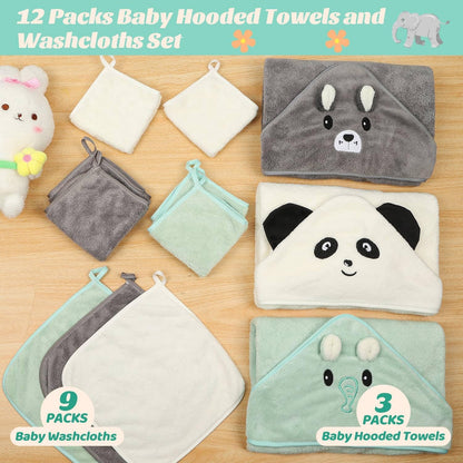 12 PCS Baby Towels, 3 PCS Soft Hooded Baby Towels & 9 PCS Washcloths, Baby Bath Towels for Newborns, Infants & Toddlers- Ultra Absorbent, Cute Baby Towel Gift for Boys & Girls