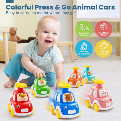 Press and Go Car Toddlers Toys for 1-2 Year Old Boy, 6 Pack Animal Baby Cars Toys for Age 0-2, Infant Push Go Vehicle Toys for 6-9-12-18 Months, First Birthday Gifts for 1-3 Boys Girls