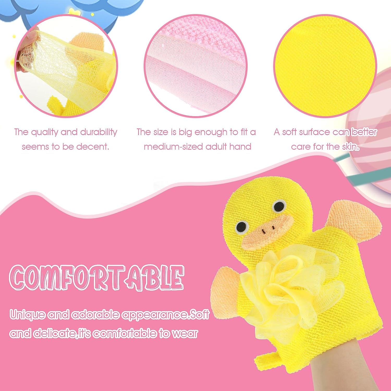 2 Pcs Bath Mitt Washcloths Gloves, Cute Cartoon Exfoliating Glove Body Scrubber, Gentle Soft Scrub Bath Loofahs Sponges for Kids Shower Washing (Pink Rabbit and Yellow Duck)