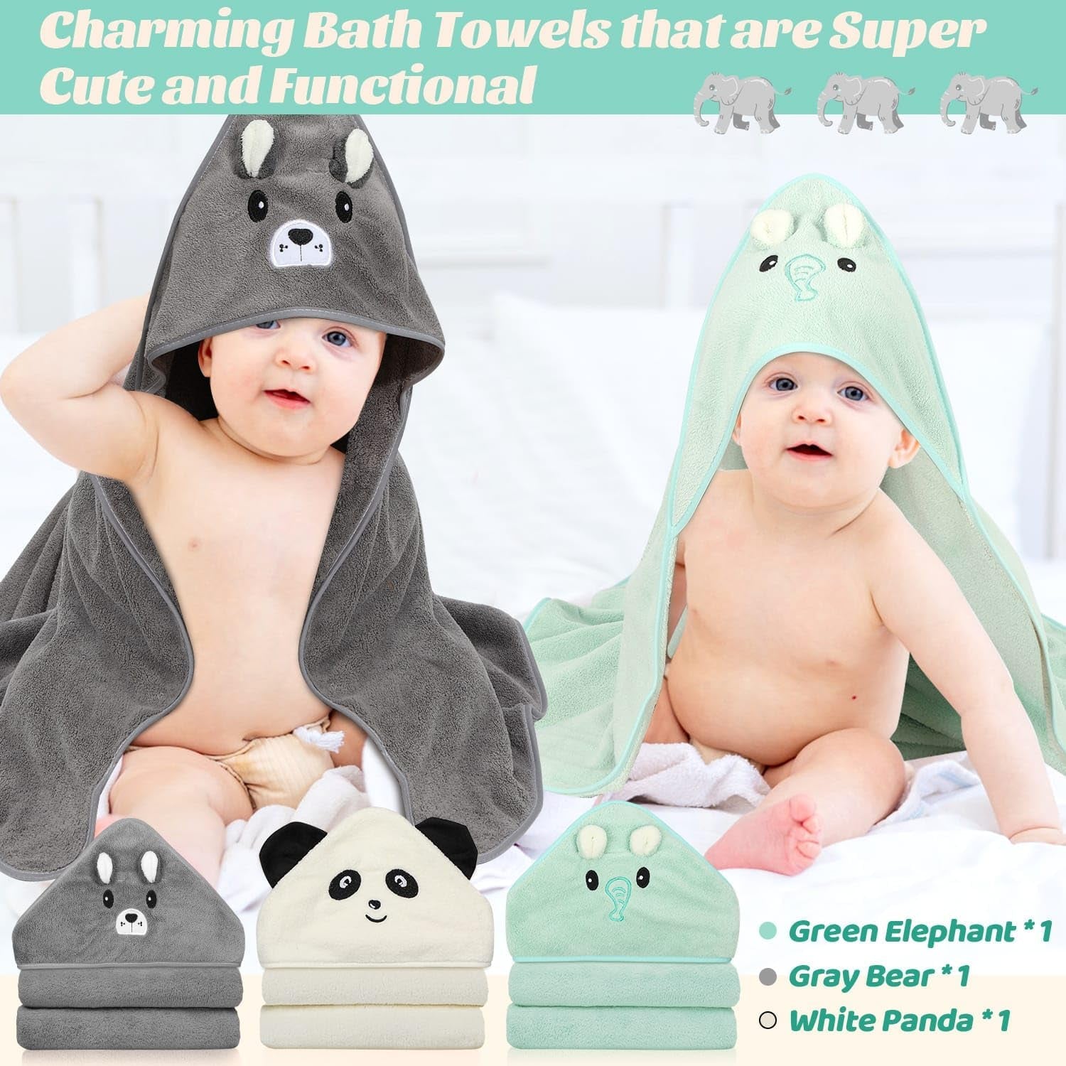 12 PCS Baby Towels, 3 PCS Soft Hooded Baby Towels & 9 PCS Washcloths, Baby Bath Towels for Newborns, Infants & Toddlers- Ultra Absorbent, Cute Baby Towel Gift for Boys & Girls