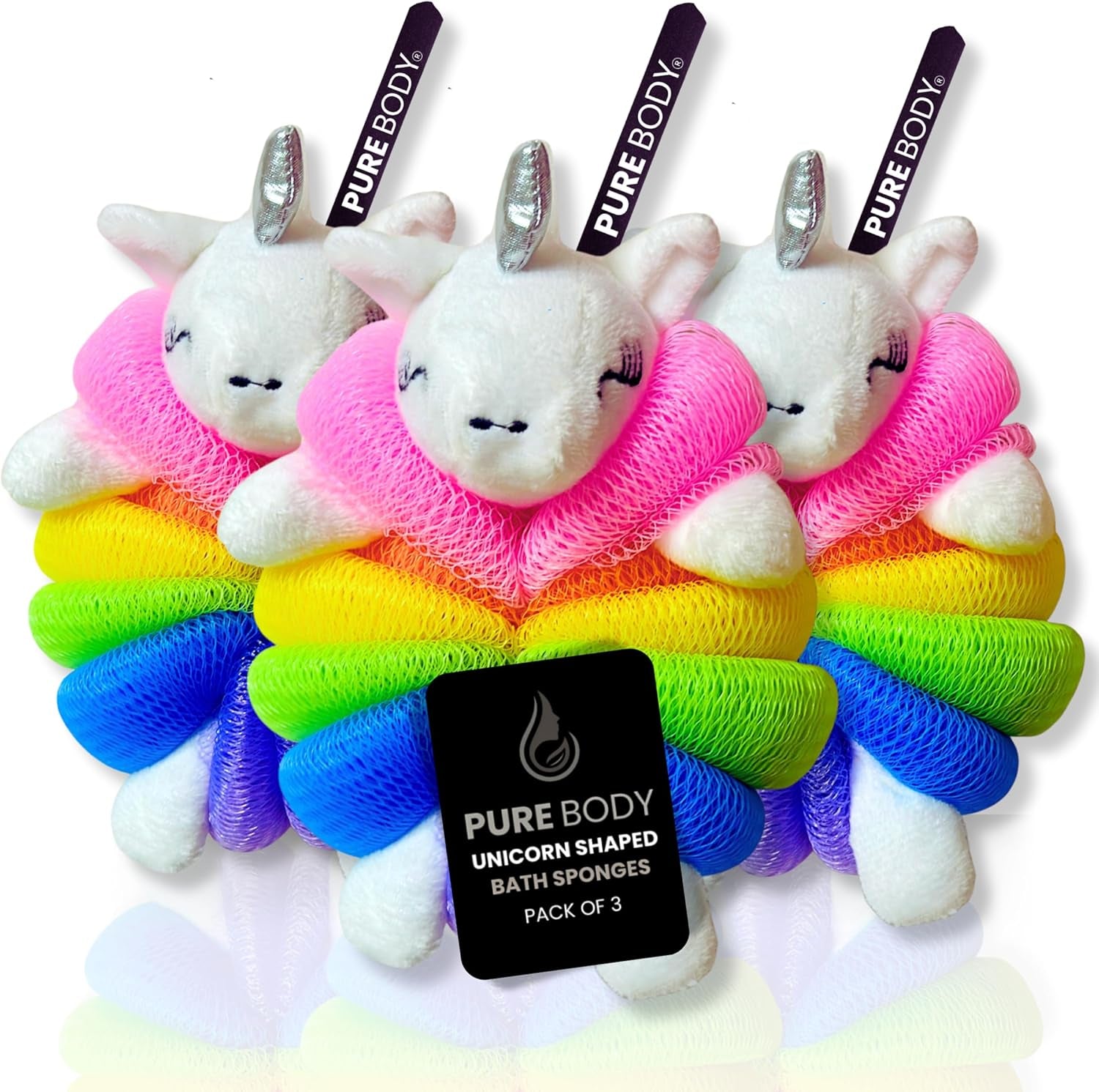 Cute Unicorn Bath Sponge -Colorful Loofah Sponges with Hanging Lanyard, Mesh Pouf Body Scrubber, Gentle Shower Sponges, 3 Pack