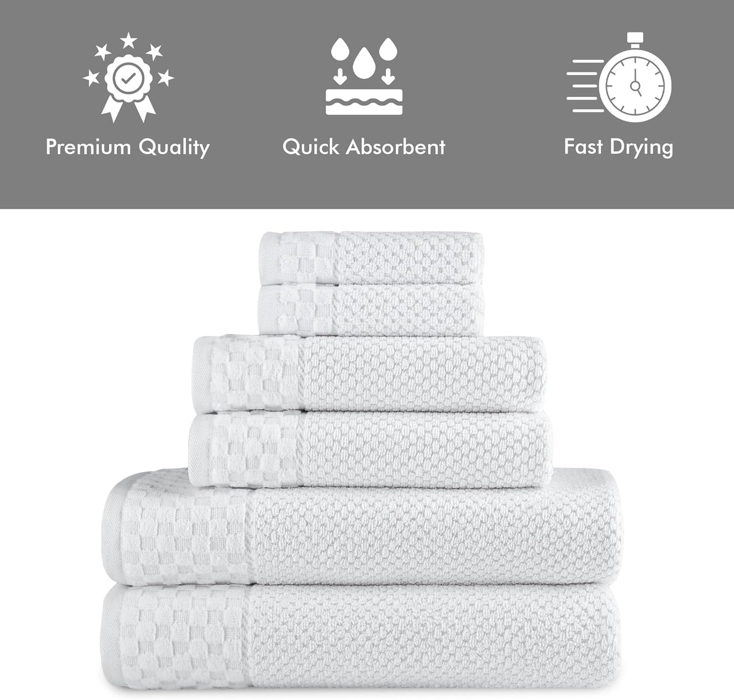 CTT - Luxury 6 Piece Towel Set, 100% Turkish Cotton, Quick Drying, Highly Absorbent & Comfy, Includes 2 Bath Towels, 2 Hand Towels & 2 Washcloths | (White)