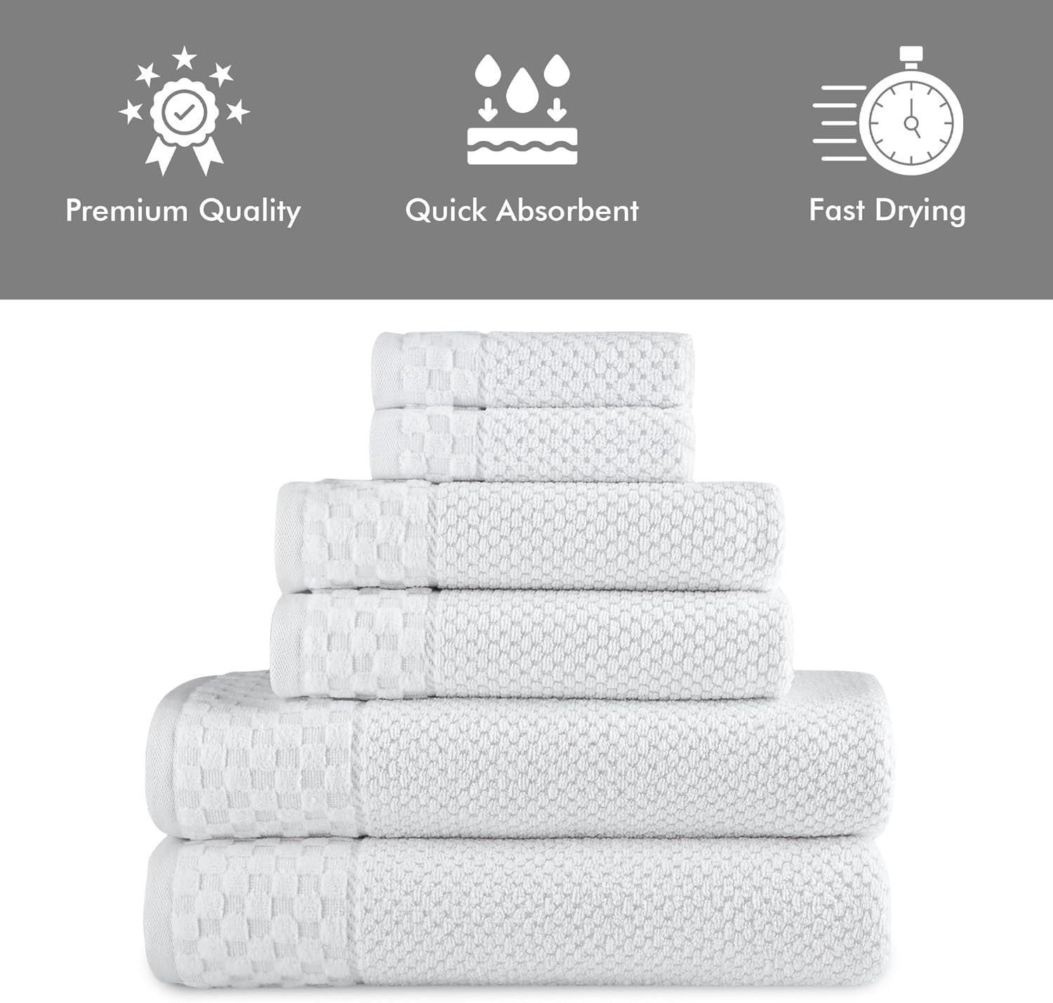 CTT - Luxury 6 Piece Towel Set, 100% Turkish Cotton, Quick Drying, Highly Absorbent & Comfy, Includes 2 Bath Towels, 2 Hand Towels & 2 Washcloths | (White)