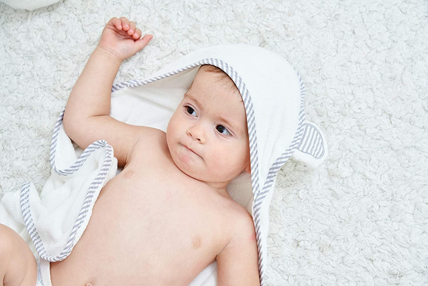 Hooded Towel - Rayon Made from Bamboo, Bath Towel with Bear Ears for Newborn, Babie, Toddler, Infant - Absorbent Large Baby Towel - White, 30 X 30 Inch