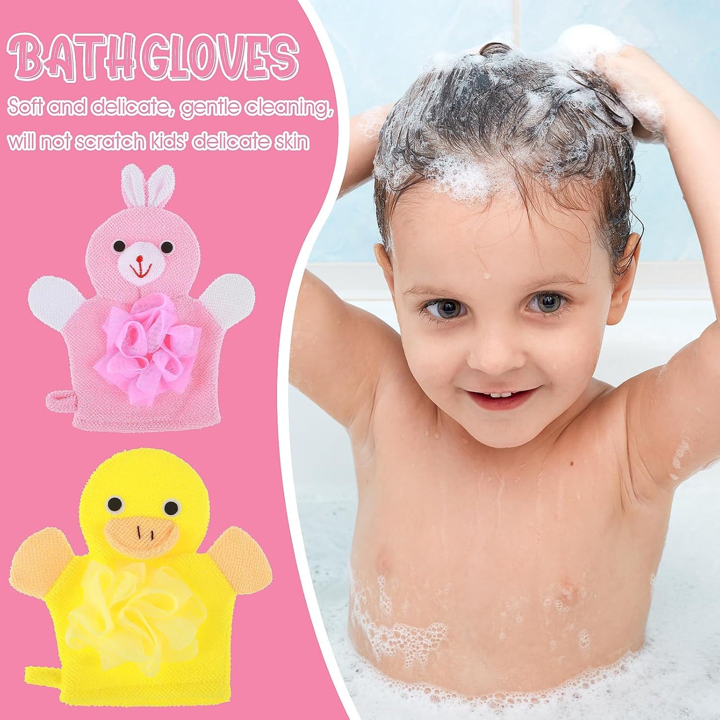 2 Pcs Bath Mitt Washcloths Gloves, Cute Cartoon Exfoliating Glove Body Scrubber, Gentle Soft Scrub Bath Loofahs Sponges for Kids Shower Washing (Pink Rabbit and Yellow Duck)