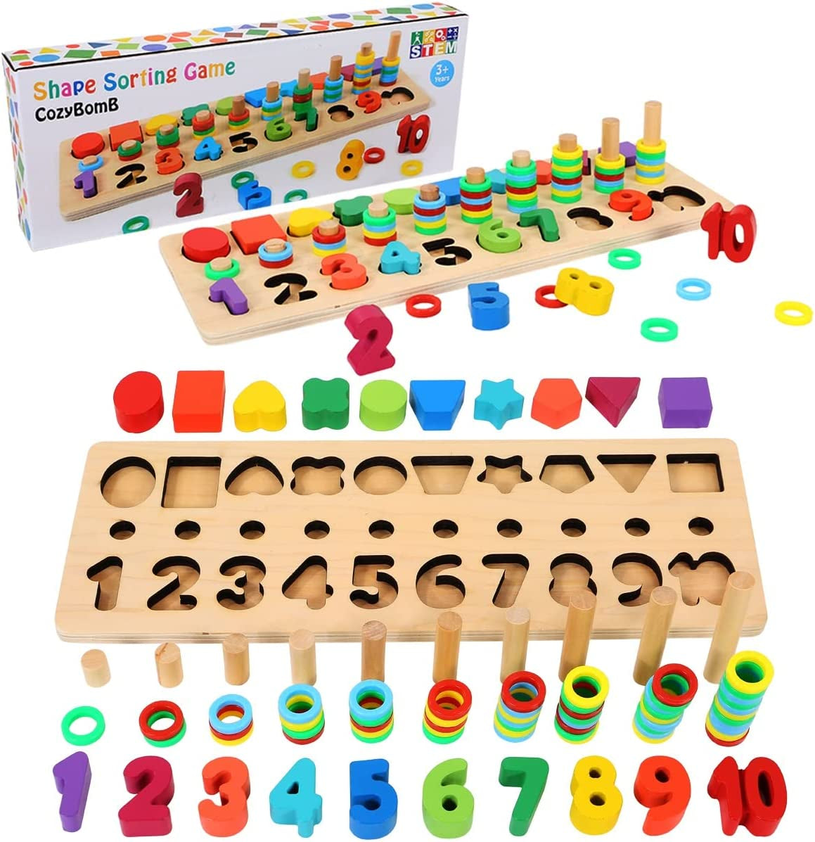 ™ Montessori Educational Wooden Toys for Kids Toddler Number Puzzles Sorter Counting Shape Stacker Stacking Game Preschool Math Blocks Toys Gifts for Boy Girl Birthdays Christmas Holidays