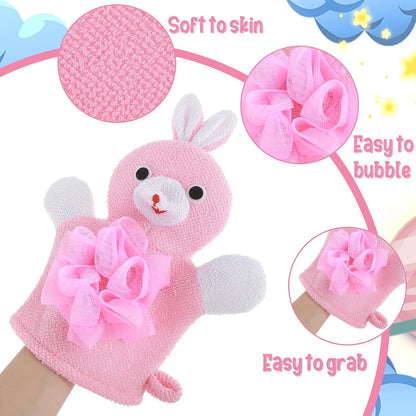 2 Pcs Bath Mitt Washcloths Gloves, Cute Cartoon Exfoliating Glove Body Scrubber, Gentle Soft Scrub Bath Loofahs Sponges for Kids Shower Washing (Pink Rabbit and Yellow Duck)