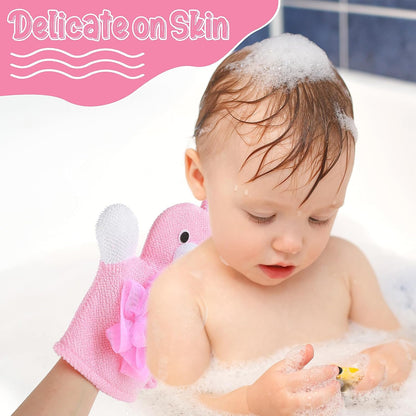 2 Pcs Bath Mitt Washcloths Gloves, Cute Cartoon Exfoliating Glove Body Scrubber, Gentle Soft Scrub Bath Loofahs Sponges for Kids Shower Washing (Pink Rabbit and Yellow Duck)