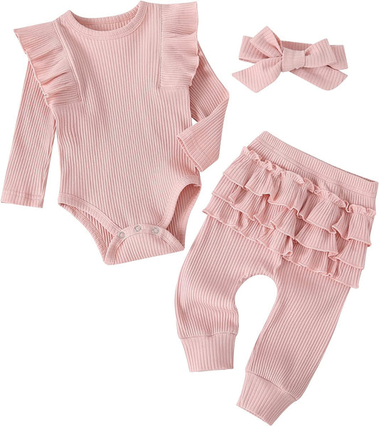 Baby Girl'S 3Pc Rib Frill Long Sleeve Romper and Pant Set