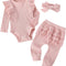 Baby Girl'S 3Pc Rib Frill Long Sleeve Romper and Pant Set