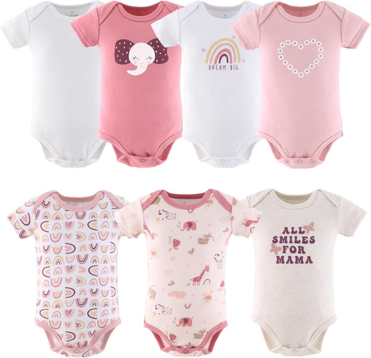 Baby Bodysuits for Girls, Short Sleeve 7 Pack, Newborn to 24 Months,%100 Cotton Outfits - Rainbow Safari