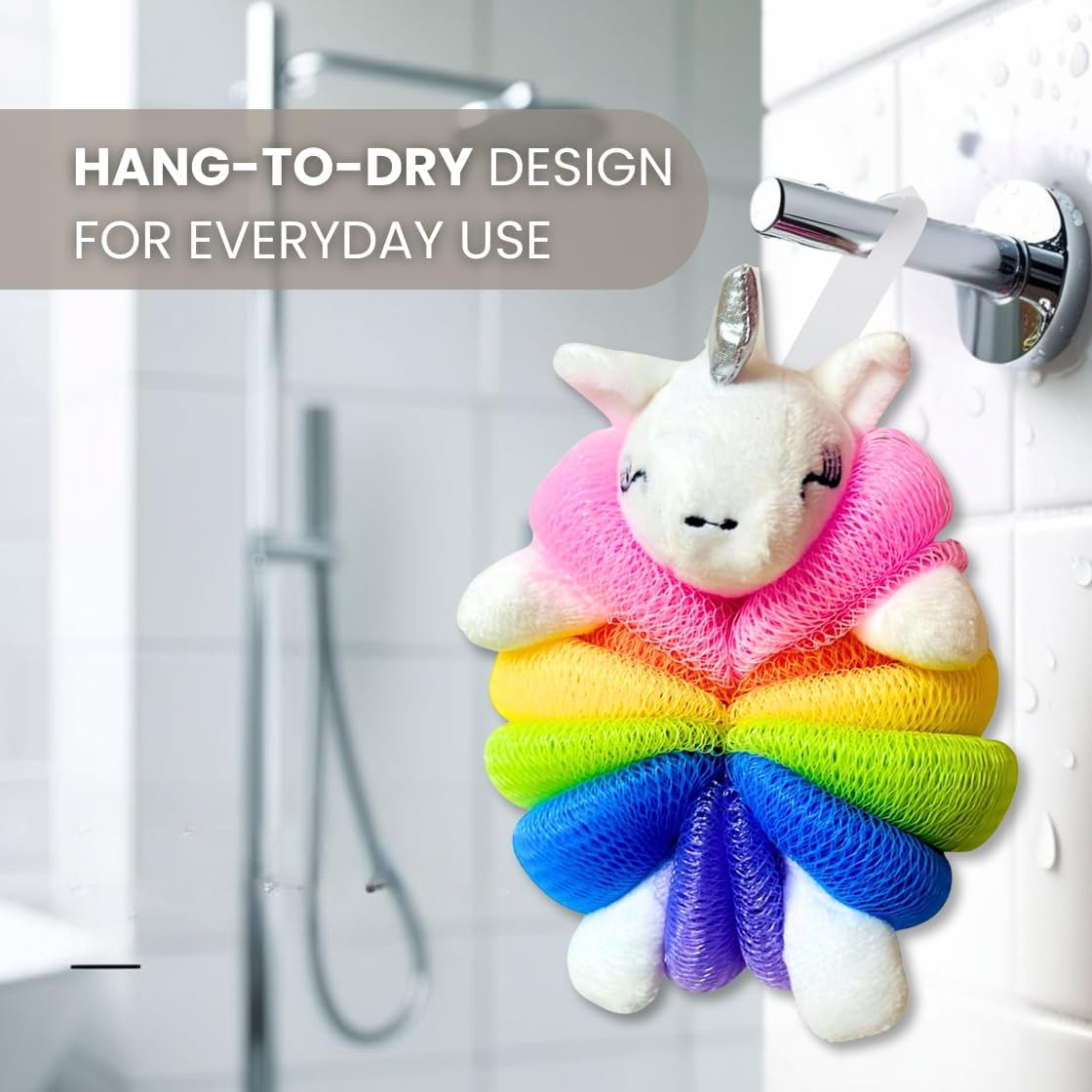 Cute Unicorn Bath Sponge -Colorful Loofah Sponges with Hanging Lanyard, Mesh Pouf Body Scrubber, Gentle Shower Sponges, 3 Pack