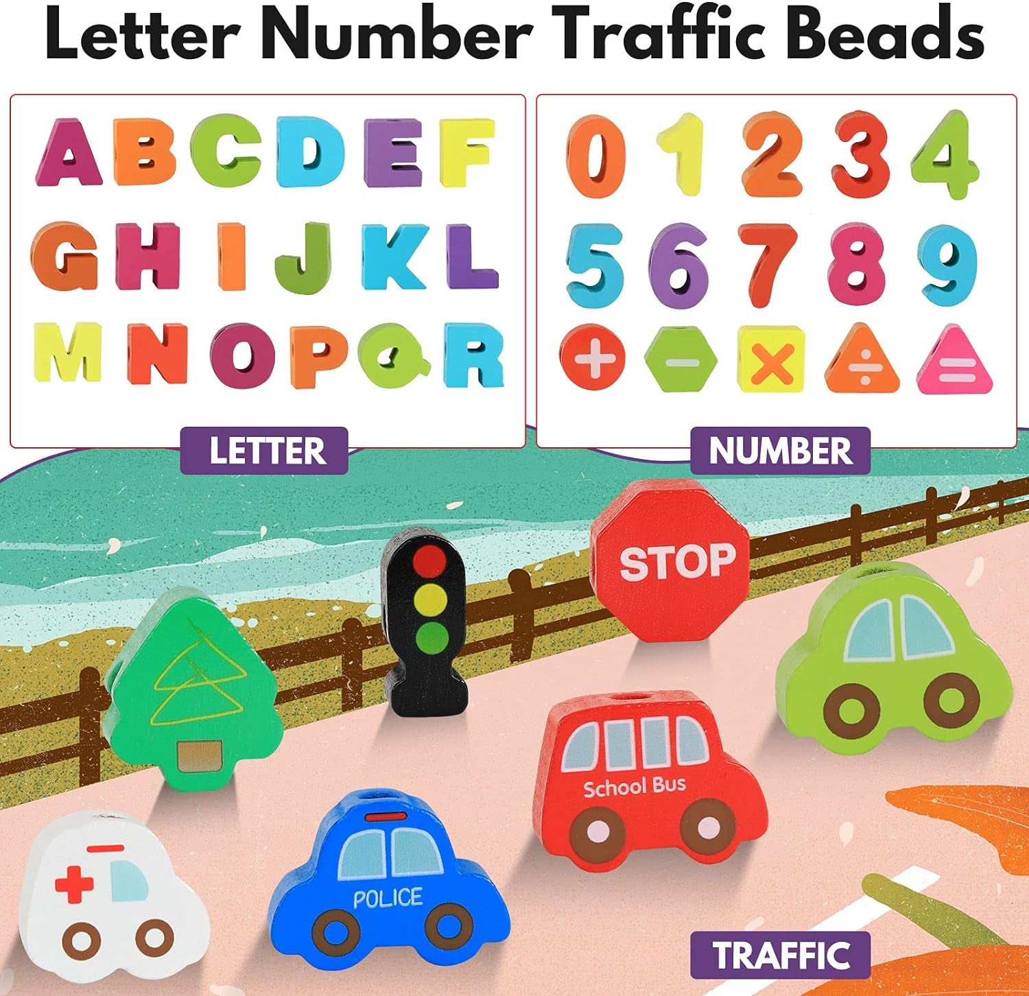 Wooden Lacing Toy Alphabet Number Threading Beads for Boys Girls Age 3 4 5 6 Montessori Educational Learning Birthday Gift