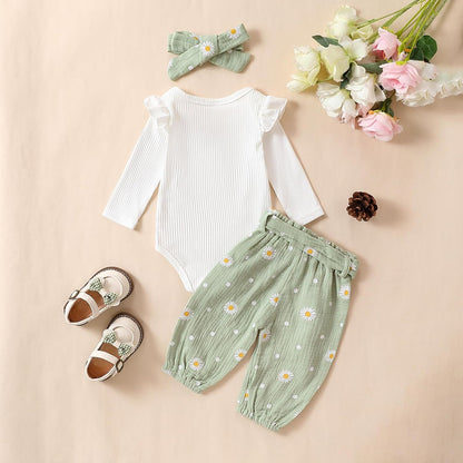 Newborn Infant Girl Clothes Rib Knit Romper Daisy Print Pants Headband Baby Clothes for Girls 0 3 6 12 18 24 Months