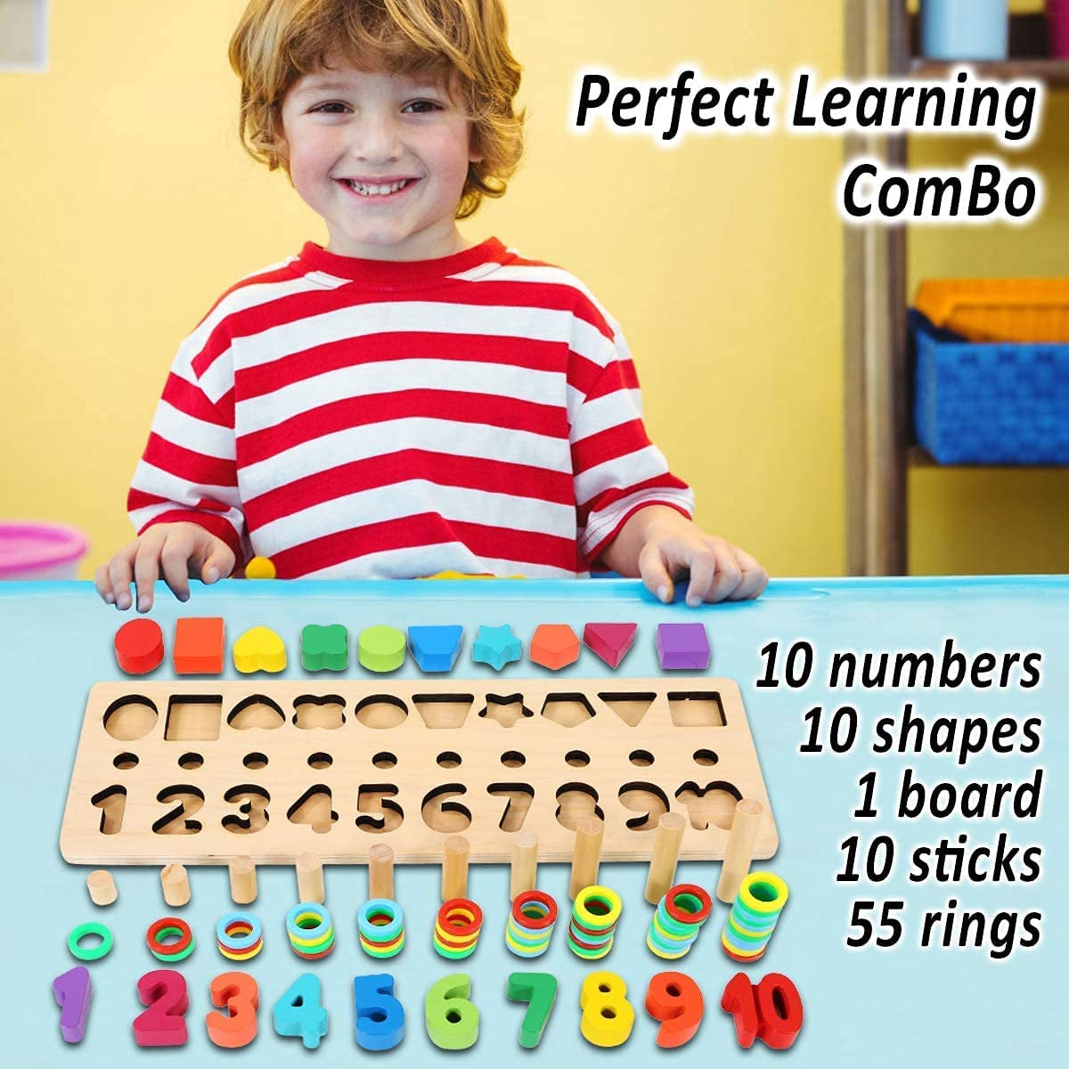 ™ Montessori Educational Wooden Toys for Kids Toddler Number Puzzles Sorter Counting Shape Stacker Stacking Game Preschool Math Blocks Toys Gifts for Boy Girl Birthdays Christmas Holidays