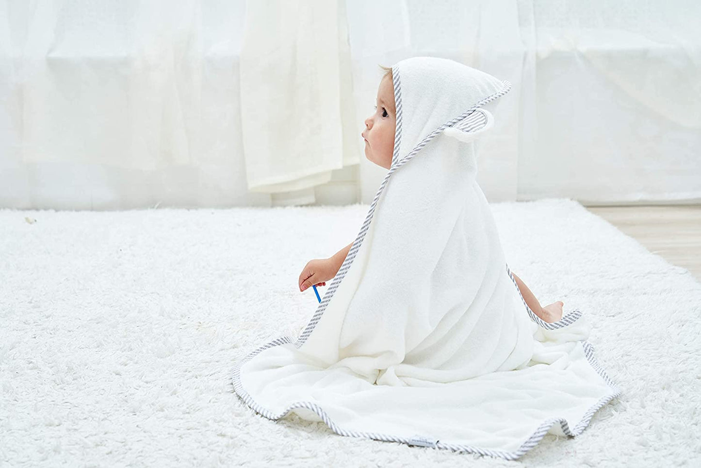 Hooded Towel - Rayon Made from Bamboo, Bath Towel with Bear Ears for Newborn, Babie, Toddler, Infant - Absorbent Large Baby Towel - White, 30 X 30 Inch