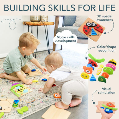 Wooden Puzzles for Toddlers 1-3, Set of 6 Montessori Toys, 1 Year Old Wood Puzzles for Baby Boys Girls, Large Pieces Safe for Kids, Includes Storage Bag and Giftable Box