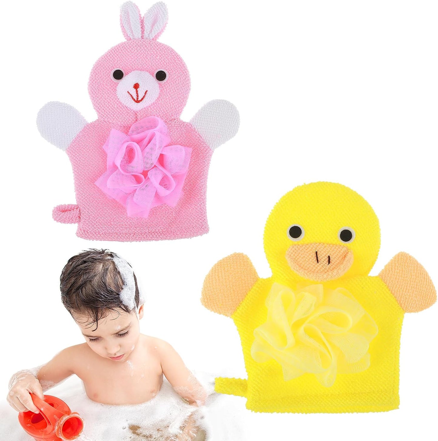 2 Pcs Bath Mitt Washcloths Gloves, Cute Cartoon Exfoliating Glove Body Scrubber, Gentle Soft Scrub Bath Loofahs Sponges for Kids Shower Washing (Pink Rabbit and Yellow Duck)