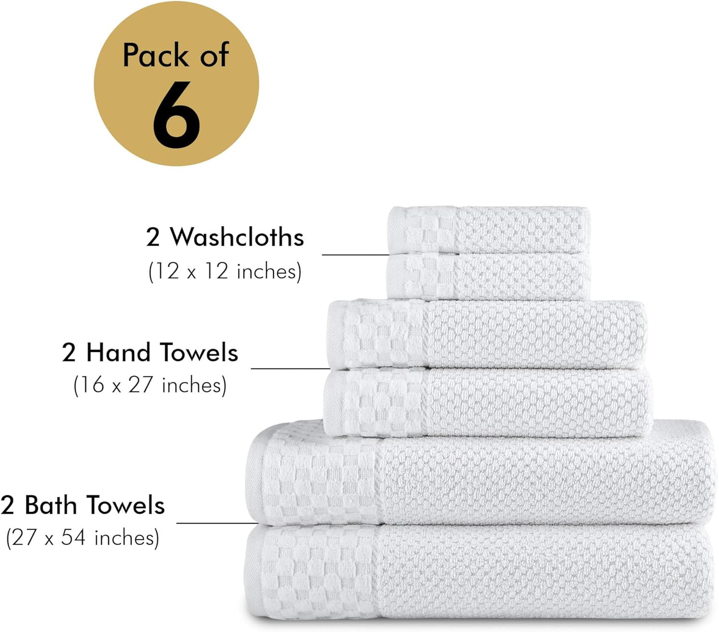 CTT - Luxury 6 Piece Towel Set, 100% Turkish Cotton, Quick Drying, Highly Absorbent & Comfy, Includes 2 Bath Towels, 2 Hand Towels & 2 Washcloths | (White)