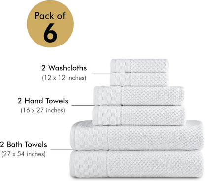 CTT - Luxury 6 Piece Towel Set, 100% Turkish Cotton, Quick Drying, Highly Absorbent & Comfy, Includes 2 Bath Towels, 2 Hand Towels & 2 Washcloths | (White)