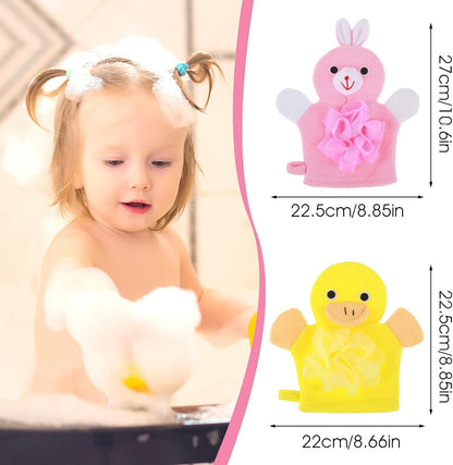 2 Pcs Bath Mitt Washcloths Gloves, Cute Cartoon Exfoliating Glove Body Scrubber, Gentle Soft Scrub Bath Loofahs Sponges for Kids Shower Washing (Pink Rabbit and Yellow Duck)