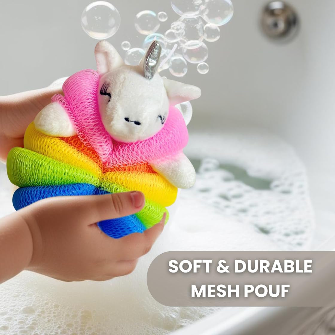 Cute Unicorn Bath Sponge -Colorful Loofah Sponges with Hanging Lanyard, Mesh Pouf Body Scrubber, Gentle Shower Sponges, 3 Pack