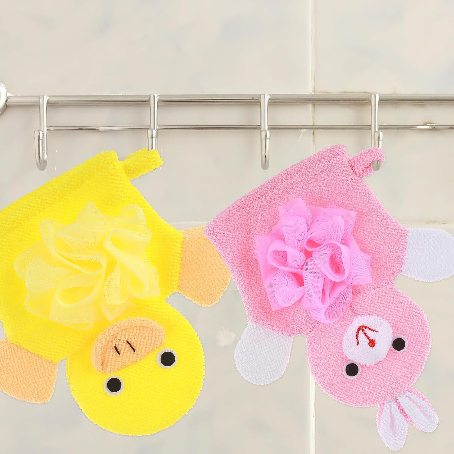 2 Pcs Bath Mitt Washcloths Gloves, Cute Cartoon Exfoliating Glove Body Scrubber, Gentle Soft Scrub Bath Loofahs Sponges for Kids Shower Washing (Pink Rabbit and Yellow Duck)