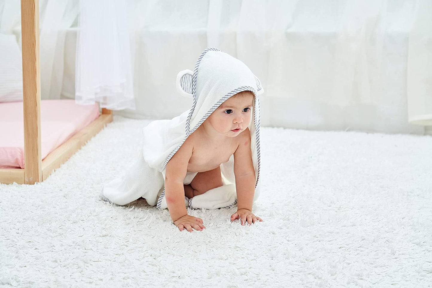 Hooded Towel - Rayon Made from Bamboo, Bath Towel with Bear Ears for Newborn, Babie, Toddler, Infant - Absorbent Large Baby Towel - White, 30 X 30 Inch