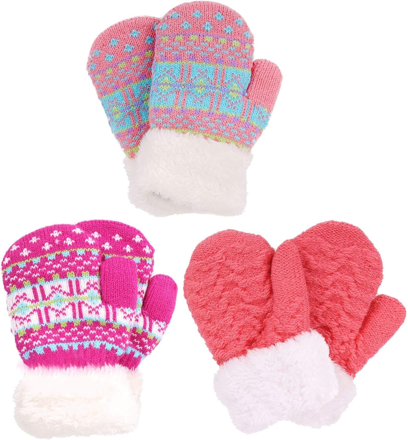 3 Pairs Kids' Sherpa Lined Knit Mittens Boys Girls Winter Gloves