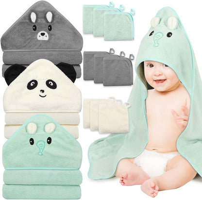 12 PCS Baby Towels, 3 PCS Soft Hooded Baby Towels & 9 PCS Washcloths, Baby Bath Towels for Newborns, Infants & Toddlers- Ultra Absorbent, Cute Baby Towel Gift for Boys & Girls